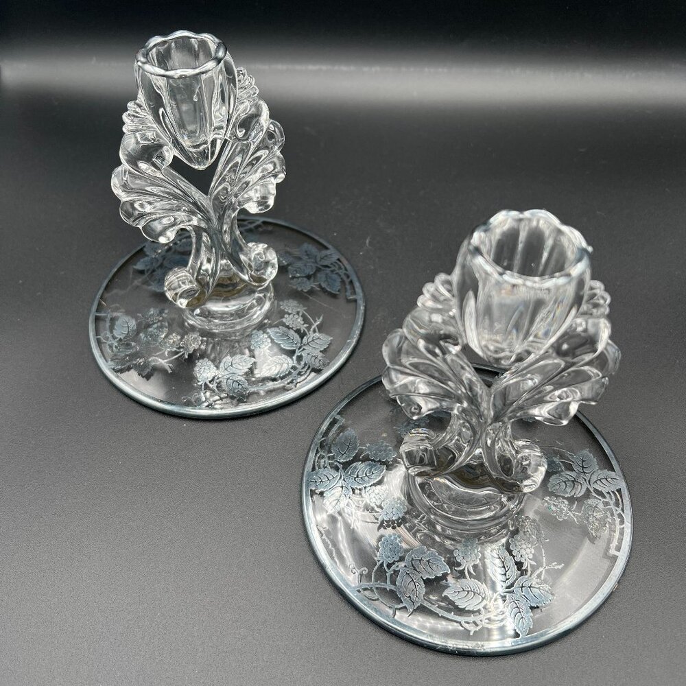 Vtg 1950s New Martinsville Glass Candle Holders Janice Pattern Silver Overlay